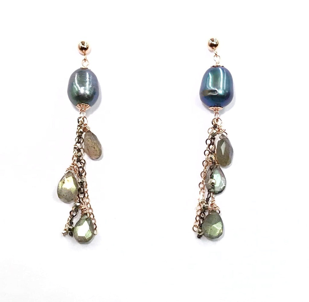 Rose Gold Labradorite and Pearl Dangle Earrings