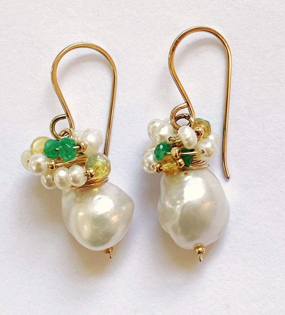 Emerald, Opal and Pearl Cluster Earrings Gold Fill