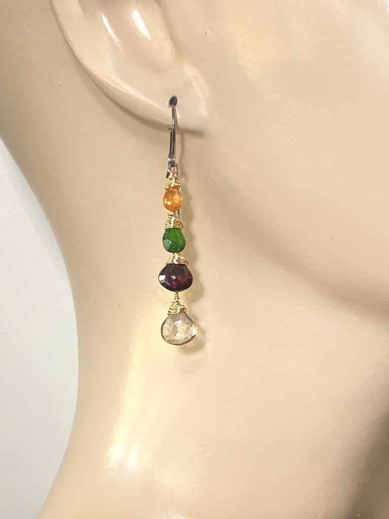 Multi Gemstone Dangle Earrings Mixed Metal Garnet Chrome Diopside