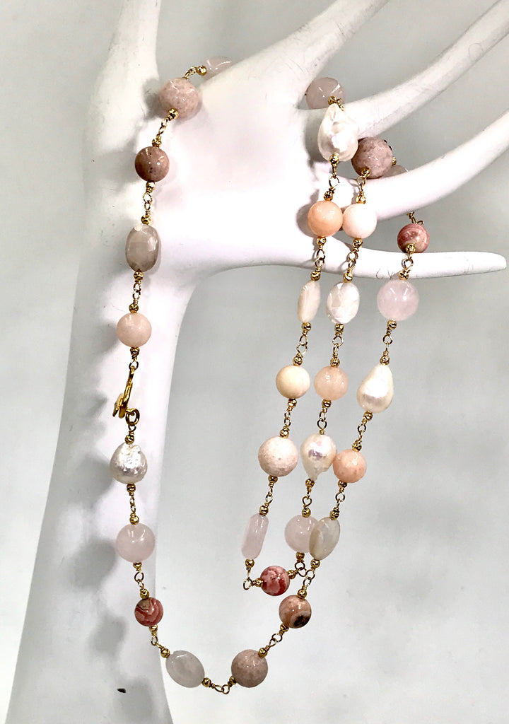 Long Multi Gemstone Blush Stone Pearl Wire Wrap Necklace 14kt Gold Fill - doolittlejewelry