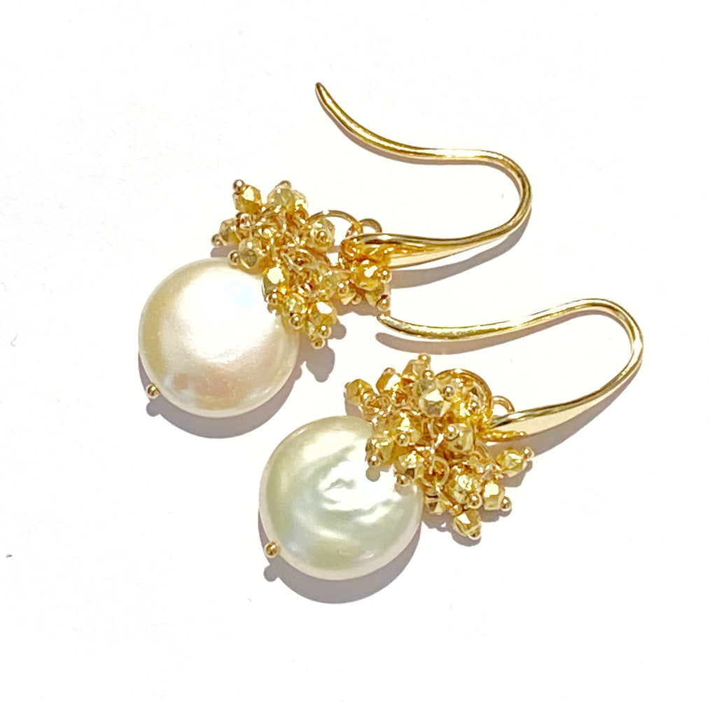 Ivory Coin Pearl Earrings with Gold Nugget Clusters