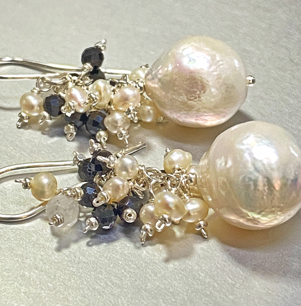 Baroque Edison Pearl Cluster Earrings Black Spinel Sterling Silver