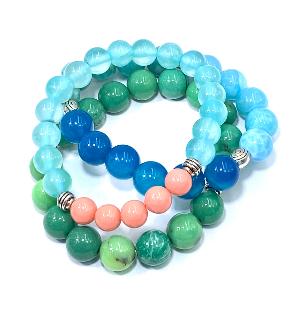 Boho Bracelet Stack Set of 3 Gemstone Coral, Aqua, Green, Blue, Silver - doolittlejewelry