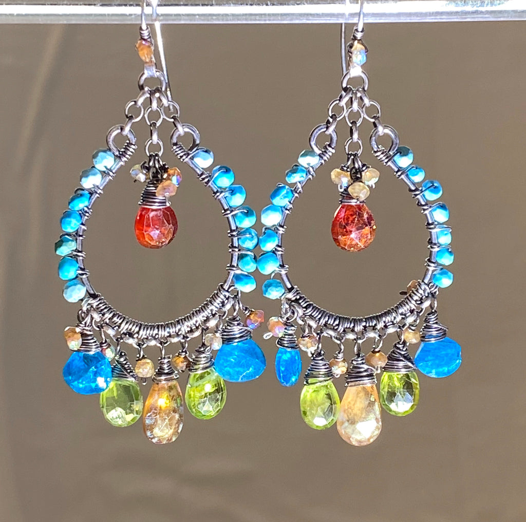 Multi-color Gemstone Oxidized Silver Boho Hoop Earrings Turquoise Peridot Mystic Hessonite - doolittlejewelry