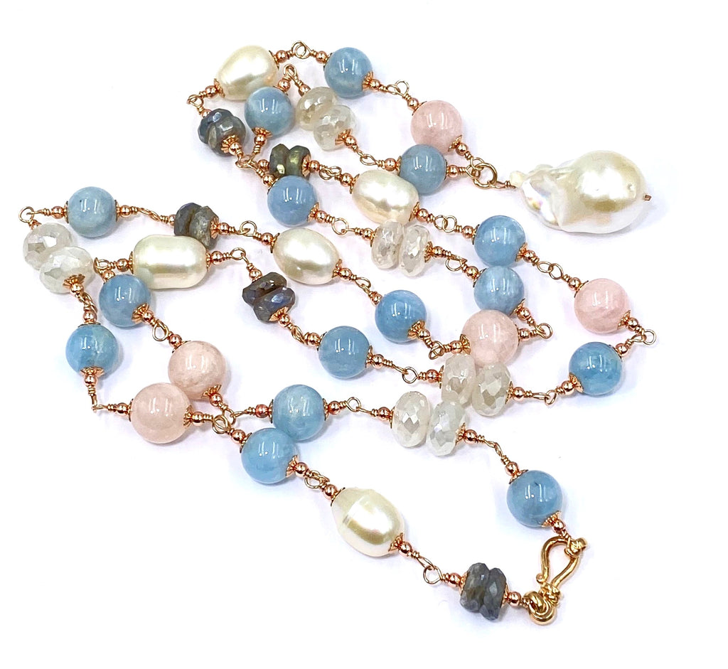 Long Blue Aquamarine Necklace Rose Gold, Pearl Gemstone Sautoir Wire Wrapped
