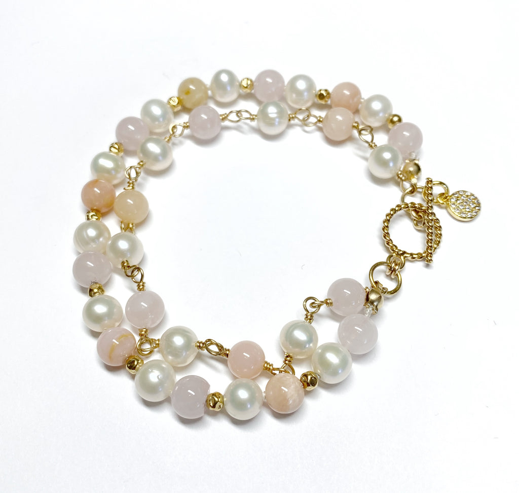 Pearl, Pink Opal, Rose Quartz Double Strand Bracelet Gold Fill