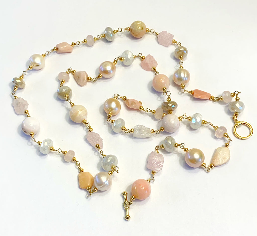 Pink Blush Gemstone and Pearl Long Necklace Gold Fill Wire Wrap