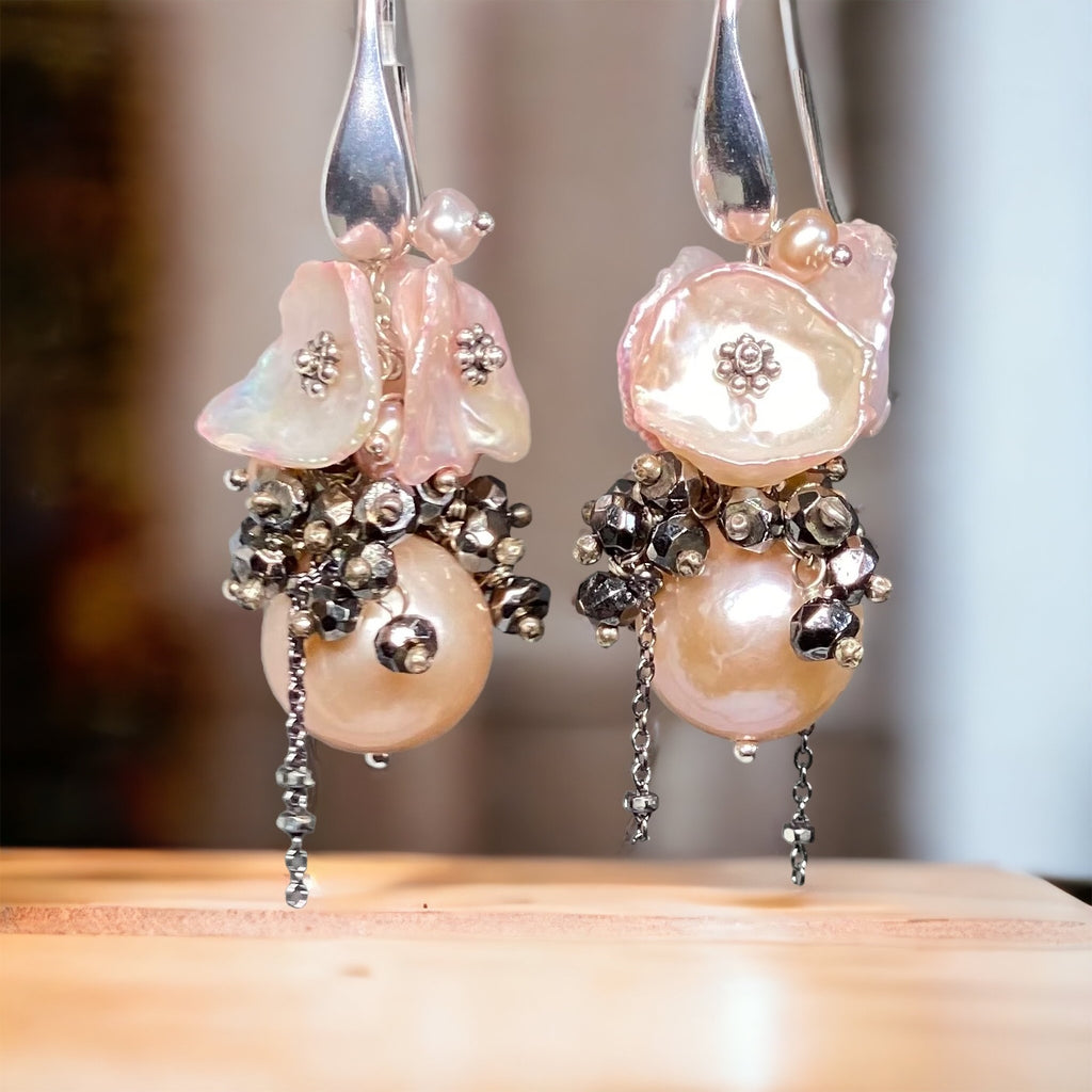 Pink Edison Pearl Cluster Earrings Blush Pink Keishi and Black Pyrite, French Style