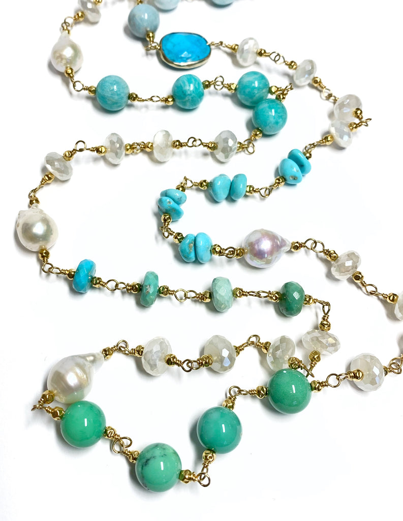 Long Multi Gemstone Pearl Necklace Larimar Sleeping Beauty Turquoise Gold Fill
