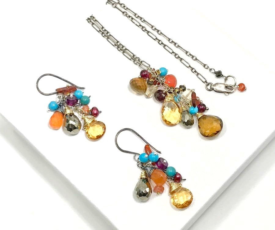 Citrine Garnet Turquoise Mixed Metals Necklace Set - doolittlejewelry