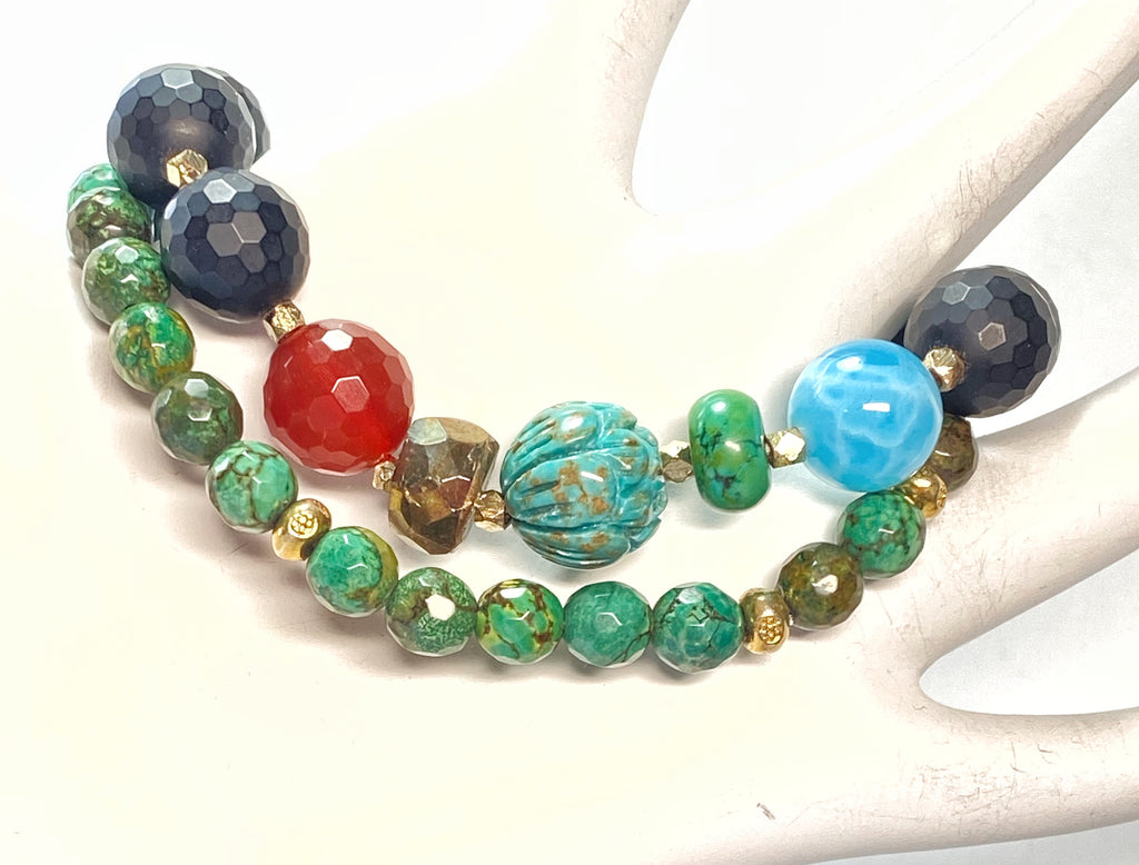 Gemstone Strech Bracelets Set of 2: Carnelian, Turquoise, Onyx