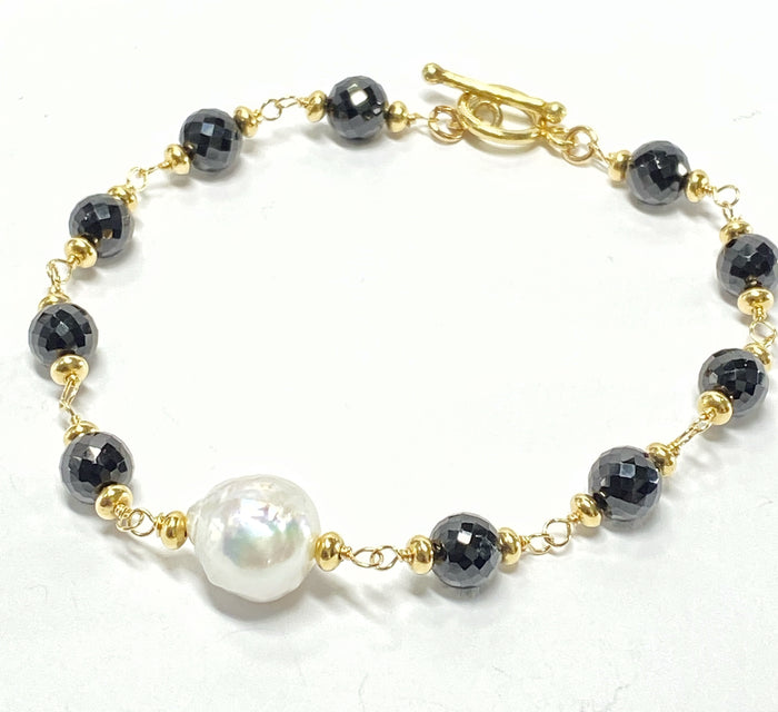 edison pearl, black spinel gold fill rosary style clasp bracelet