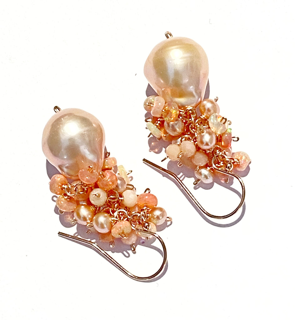 Blush Pink Baroque Pearl Opal Cluster Rose Gold Earrings