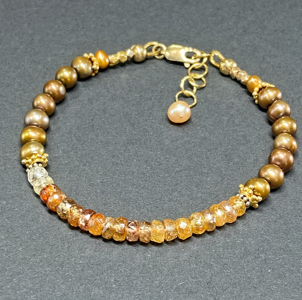 Natural Zircon Gemstone Golden Pearl Dainty Bracelet Gold Fill