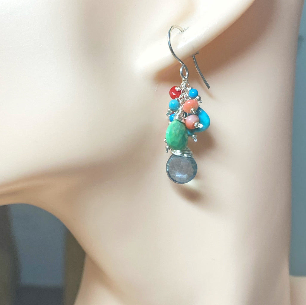 Blue and Green Turquoise, Coral Dangle Earrings Sterling Silver