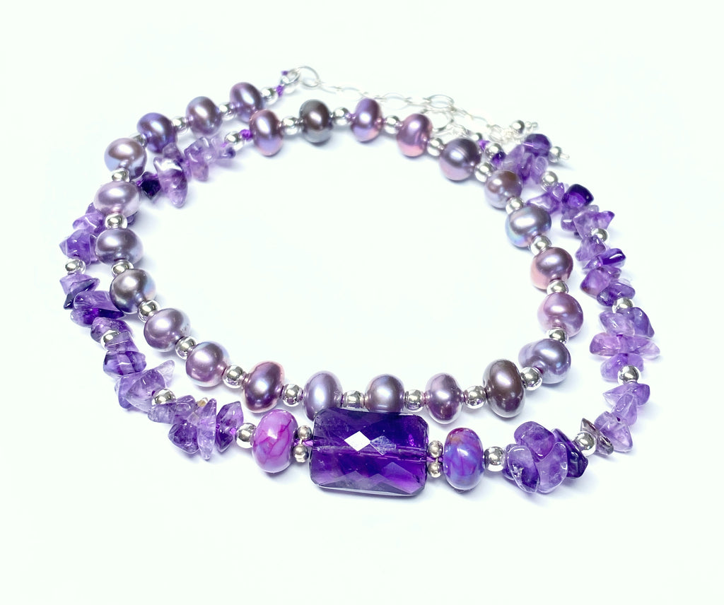 Amethyst Plum Pearl Double Wrap Bracelet Sterling Silver