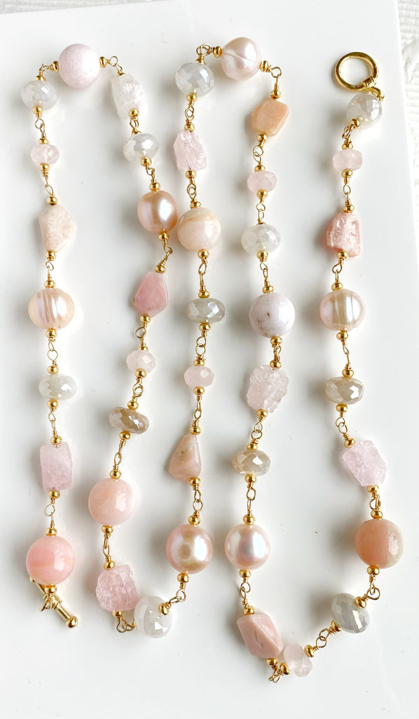 Pink Blush Gemstone and Pearl Long Necklace Gold Fill Wire Wrap