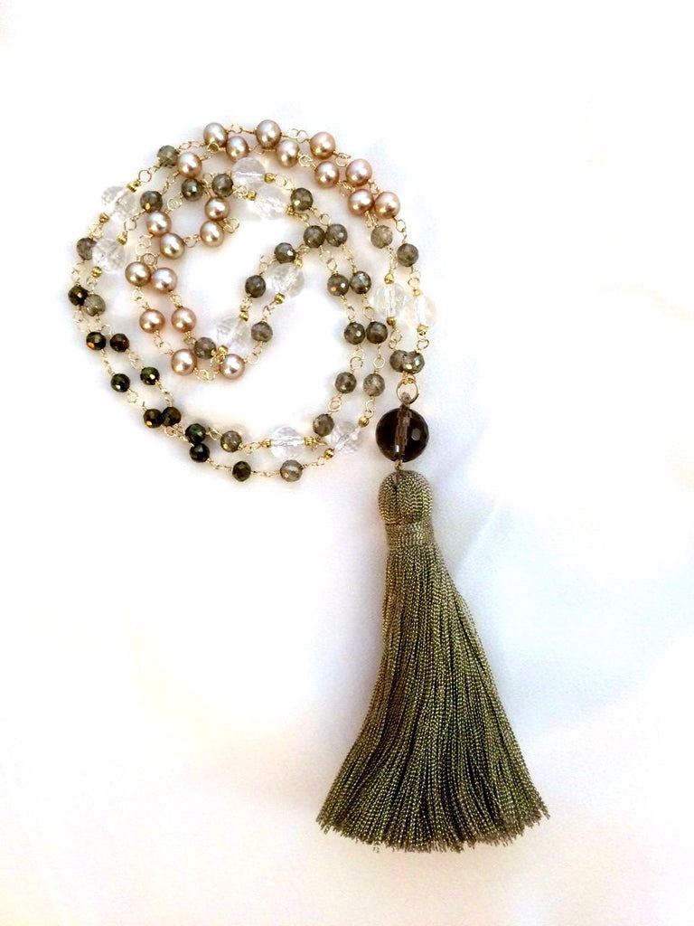 Wire Wrap Long Beaded Tassel Necklace - doolittlejewelry