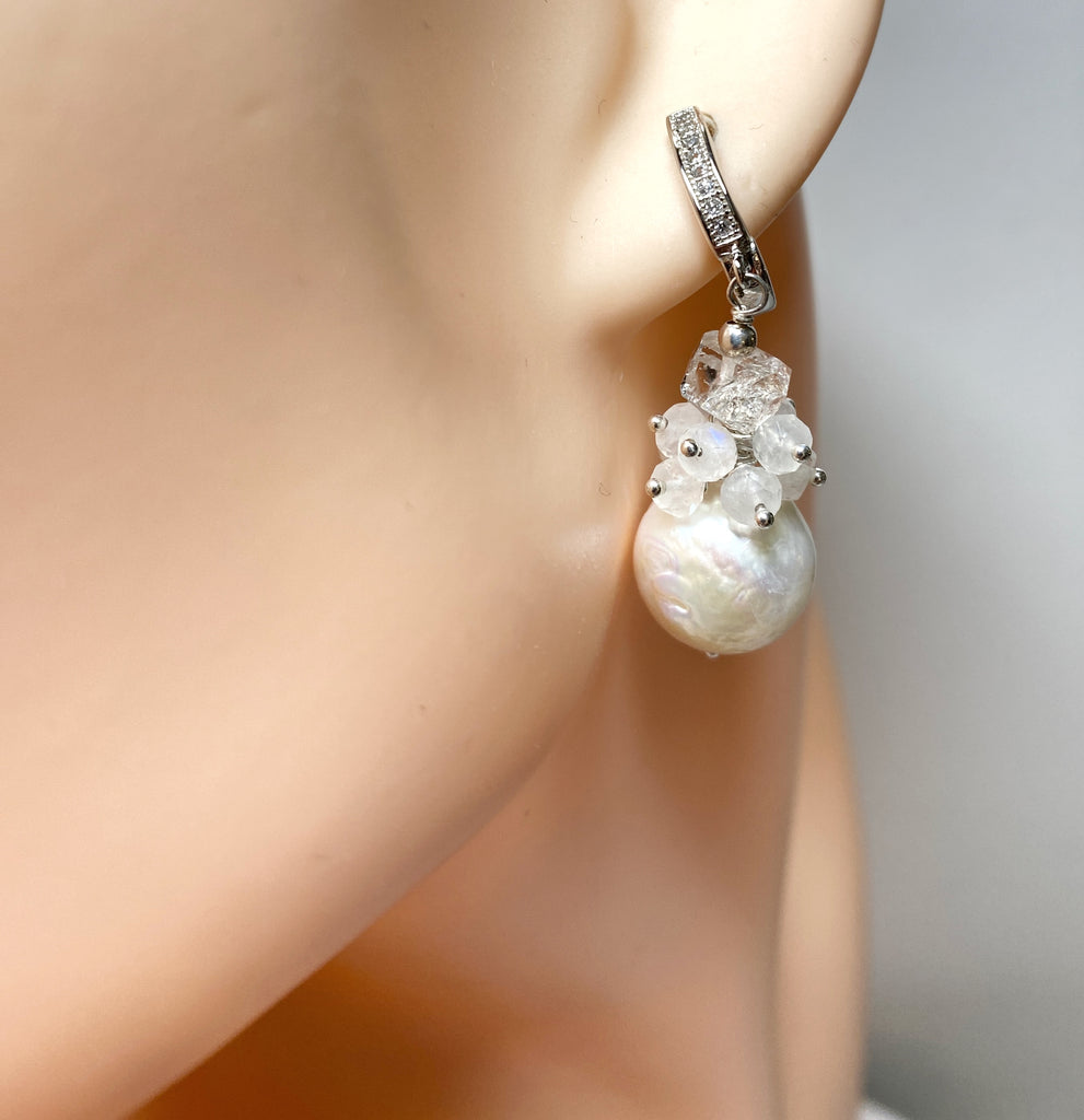 Herkimer Diamond, Edison Pearl, Moonstone Cluster Wedding Earrings