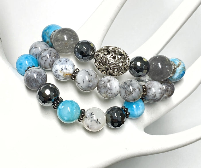 Dendritic Opal Blue Grey Silver Boho Stretch Bracelet Stacking Set of 3