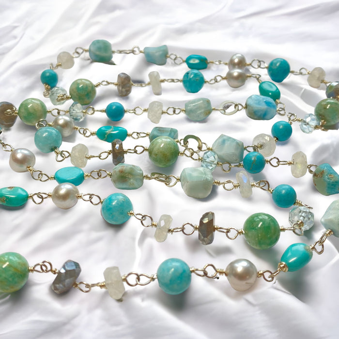 Larimar, Turquoise, Moonstone, Gemstone and Pearl Sterling Silver Necklace - Doolittle