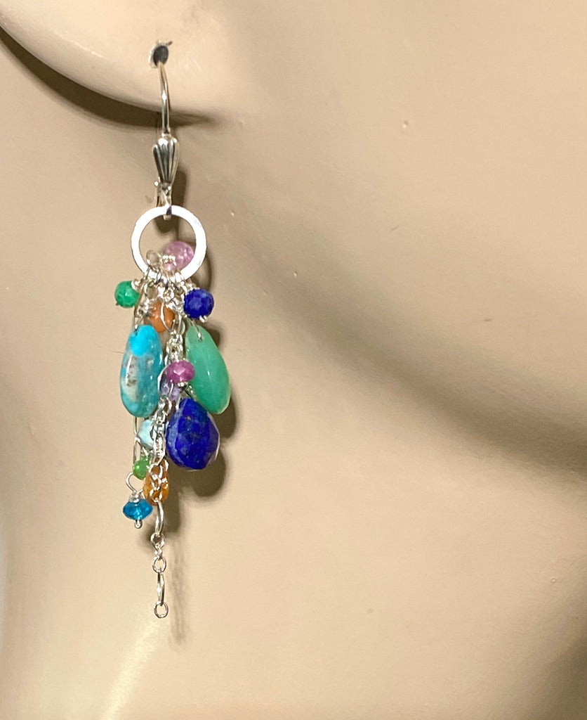 Sterling Silver Dangle Earrings Multicolor Gem Lapis Turquoise Chrysoprase