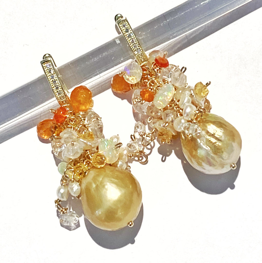 Pond-slime Baroque Pearl and Gemstone Cluster Earring