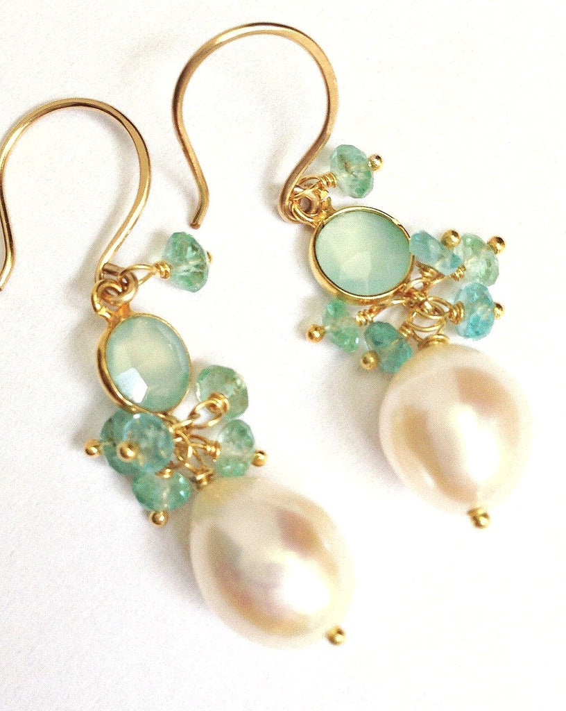 Pearl, Gemstone Cluster, Aqua and Dangle Earring - doolittlejewelry
