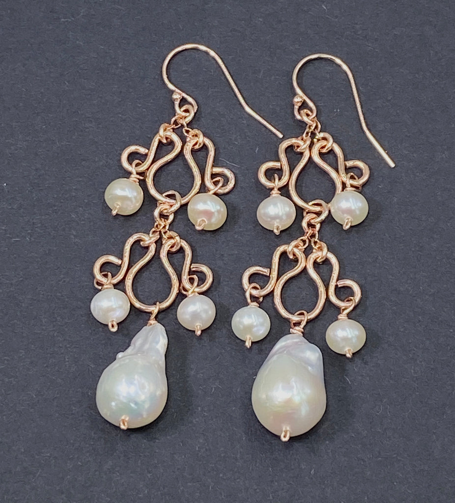 Baroque Pearl Rose Gold Chandelier Earrings - doolittlejewelry