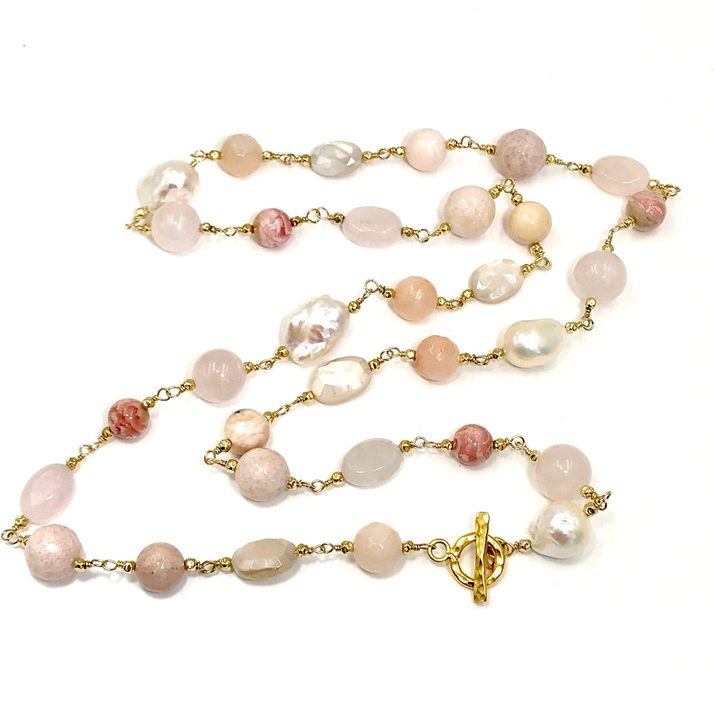 Long Multi Gemstone Blush Stone Pearl Wire Wrap Necklace 14kt Gold Fill - doolittlejewelry