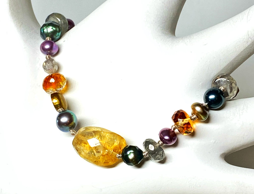 Citrine, Gemstone and Pearl Silk Knotted Bracelet, Adjustable