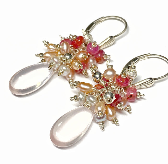 Pink Rose Quartz Gemstone and Pearl Cluster Earrings