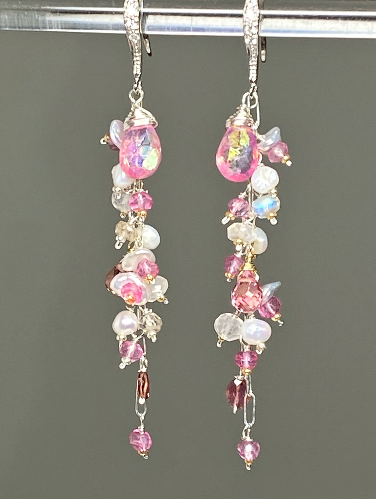 Long Pink Topaz and Pearl Duster Earrings Sterling Silver