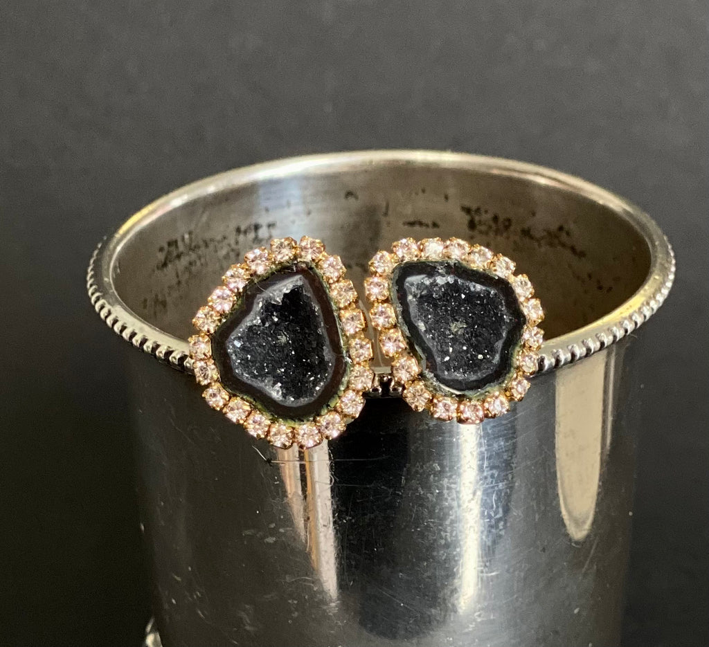 Black Geode Druzy Stud Earrings Diamond Look