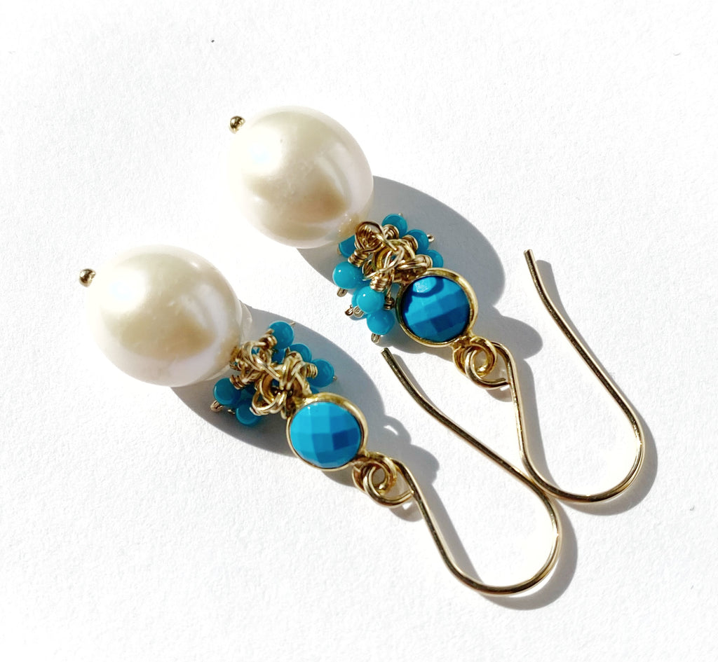 Pearl, Turquoise Gemstone Cluster and Dangle Earrings