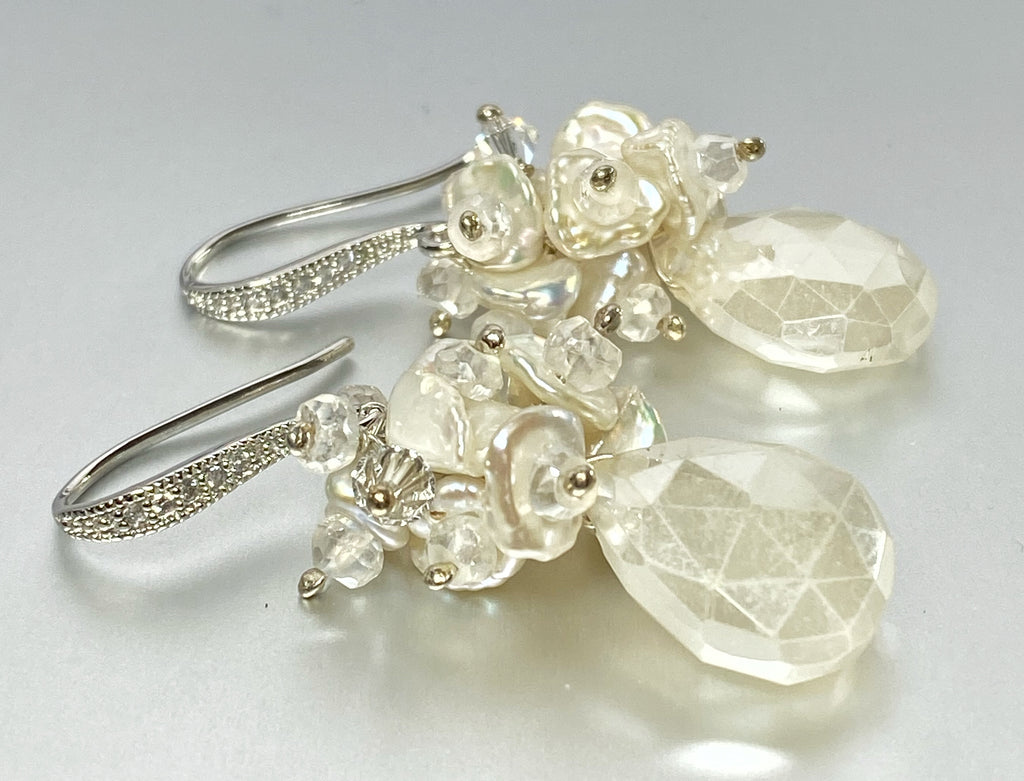 mystic ivory chalcedony keishi pearl cluster wedding earrings