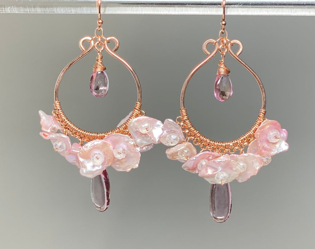 Rose Gold Hoop Earrings with Blush Keishi Pearls and Pink Topaz