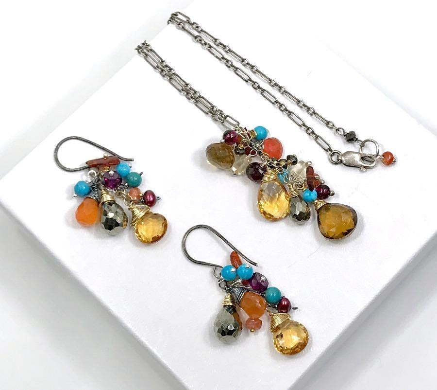 Citrine Garnet Turquoise Mixed Metals Necklace Set - doolittlejewelry