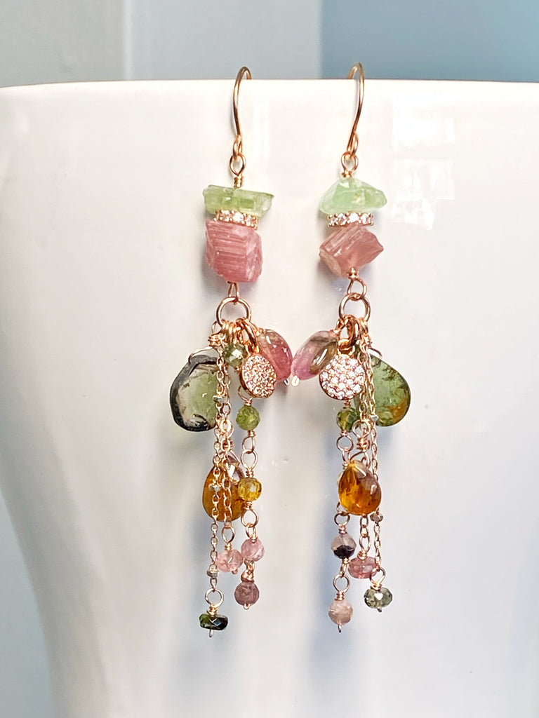tourmaline crystal and gem rose gold dangle earrings