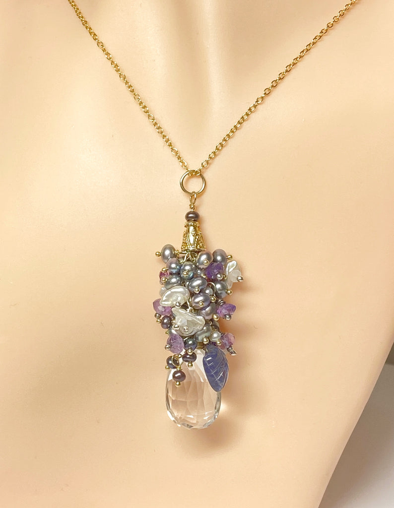 Amethyst Iolite Pearl Cluster Crystal Quartz Pendant, Earrings Set in Mixed Metals, Jewelry Set