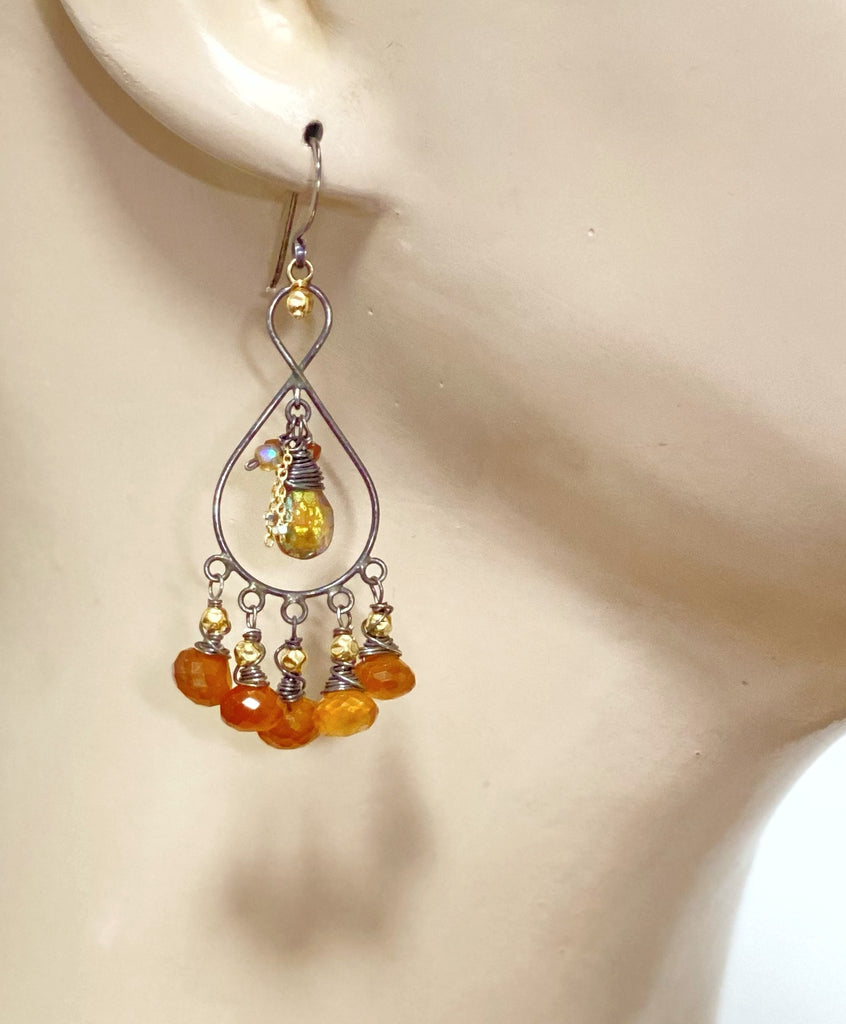 Hessonite Garnet Chandelier Earrings Oxidized Silver