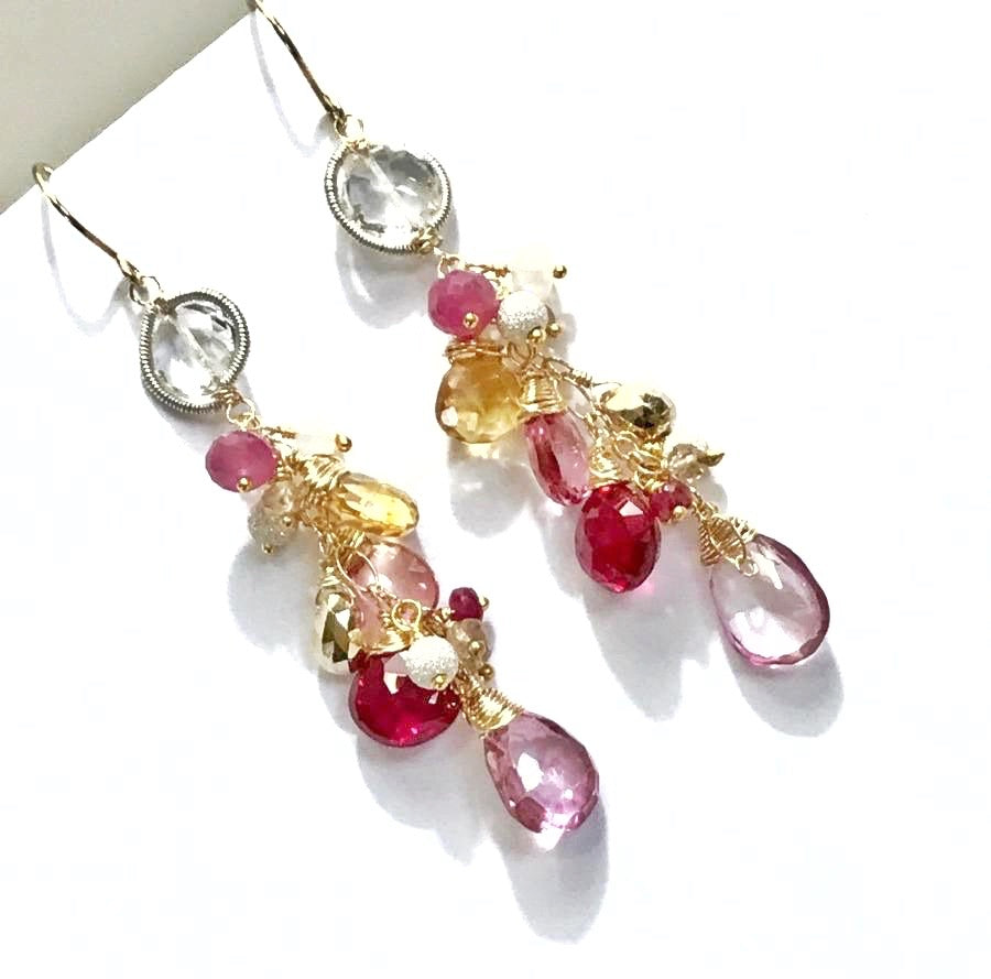 Pink Red Mixed Metal Dangle Earrings Ethiopian Opal