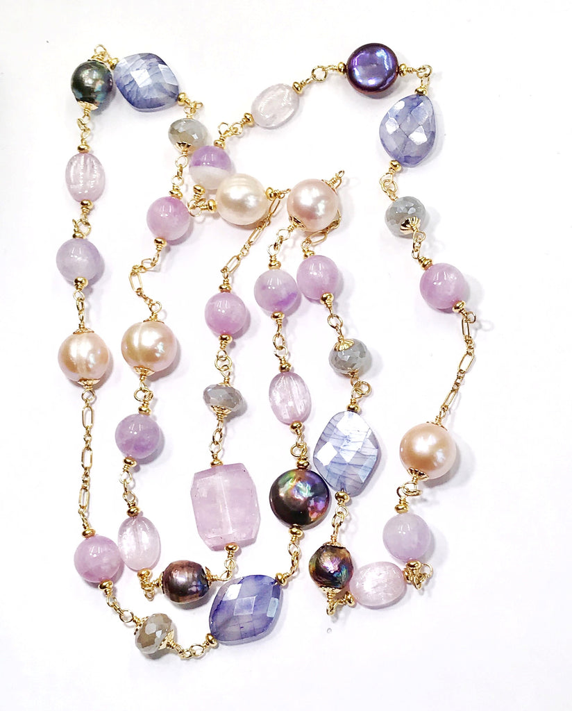 Long Multicolor Gem Stone Necklace Gold Kunzite, Blue Sapphire, Moonstone, Pearl