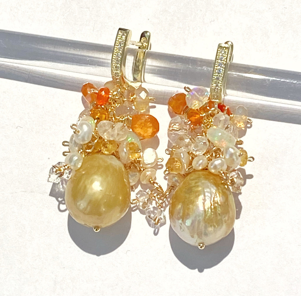 Pond-slime Baroque Pearl and Gemstone Cluster Earring