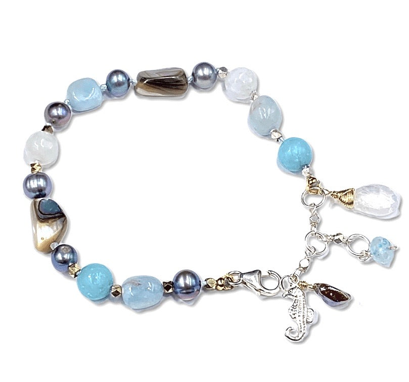 Abalone Silk Knotted Bracelet, Moonstone, Aquamarine, Pearl - doolittlejewelry
