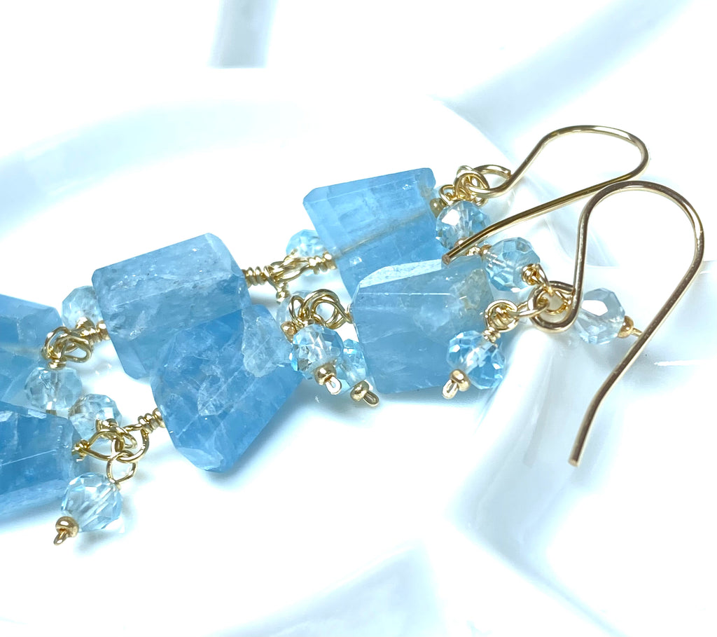 Blue Aquamarine Long Dangle Earrings