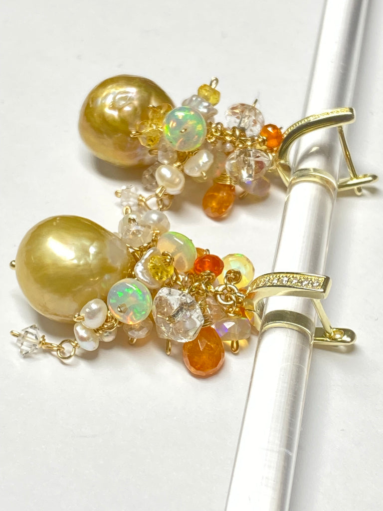 Pond-slime Baroque Pearl and Gemstone Cluster Earring