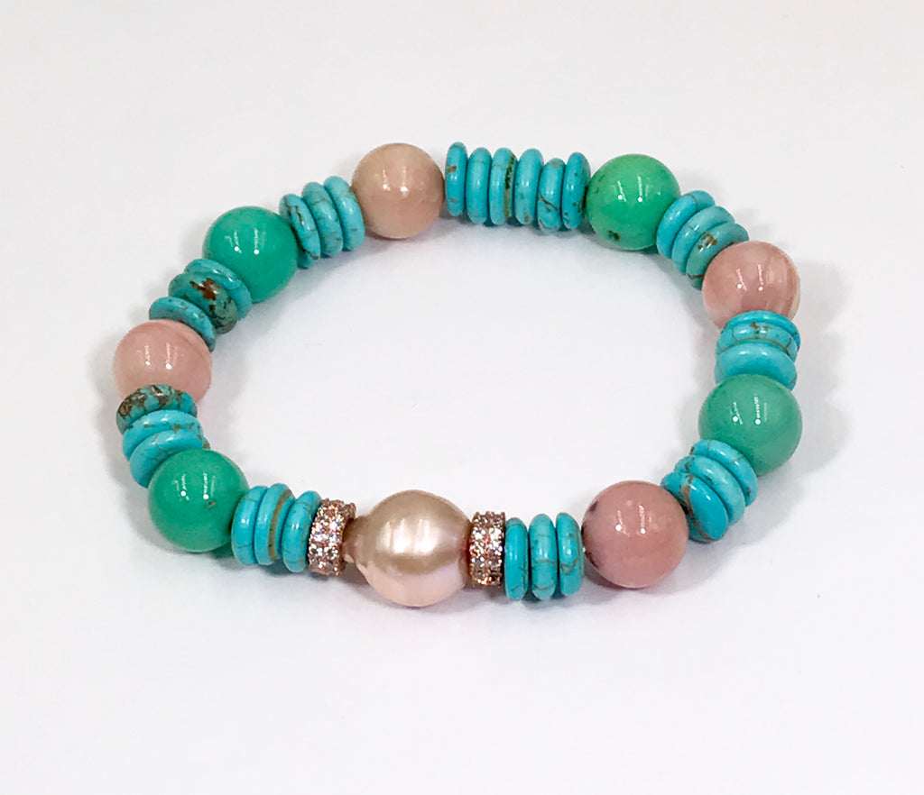 Turquoise Rose Quartz Aquamarine Stretch Bracelet Set of 3 Rose Gold - doolittlejewelry