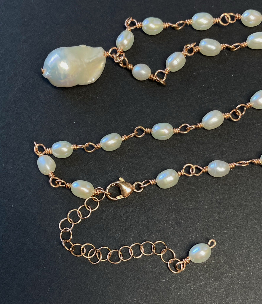 Dainty Baroque Pearl Necklace Wire Wrapped Rosary Style Rose Gold Fill