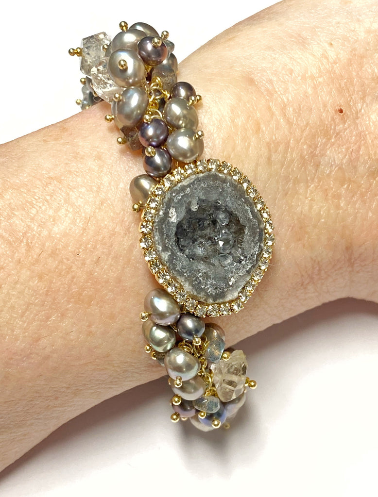 Black Tabasco Geode Cluster Bracelet with Herkimer Diamond Quartz